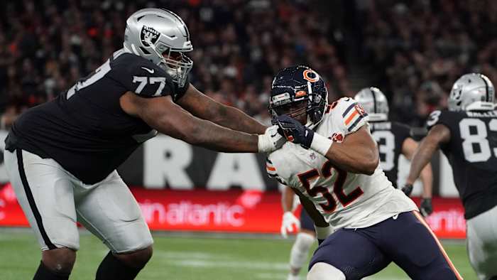 Trent Brown defends against Khalil Mack in the Bears, Raiders game in London